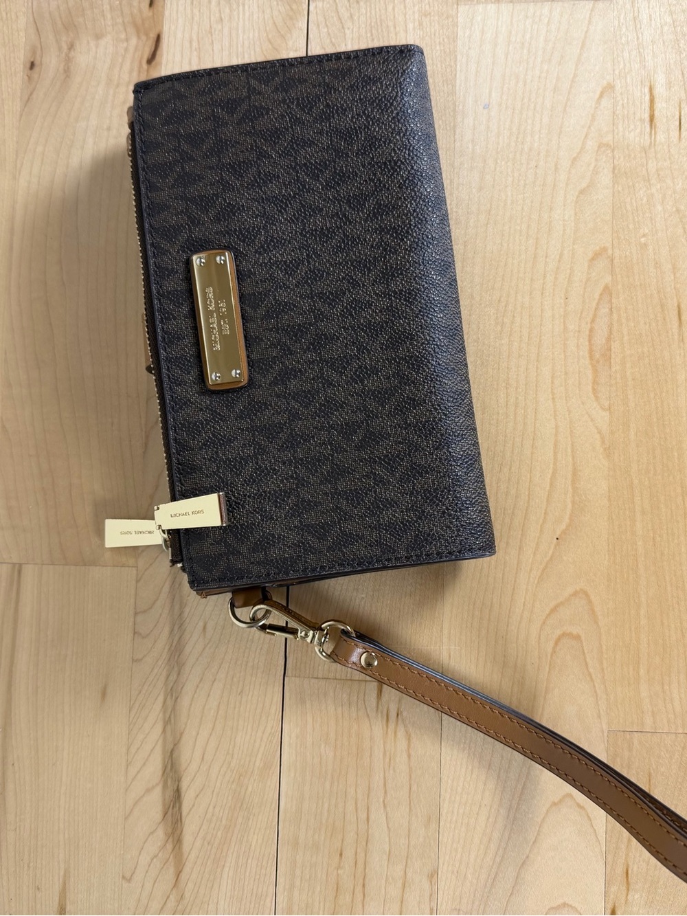 Michael Kors Brown Signature Leather Wristlet Clutch with Gold Hardware
